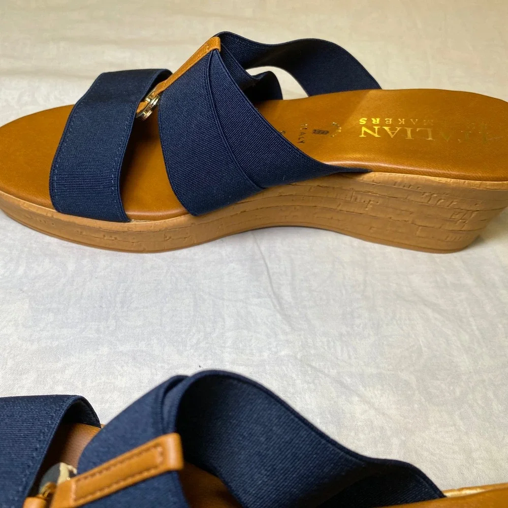 Italian Shoemakers Navy Stretch Wedge Slide Sandals Women's Size 9M Italy